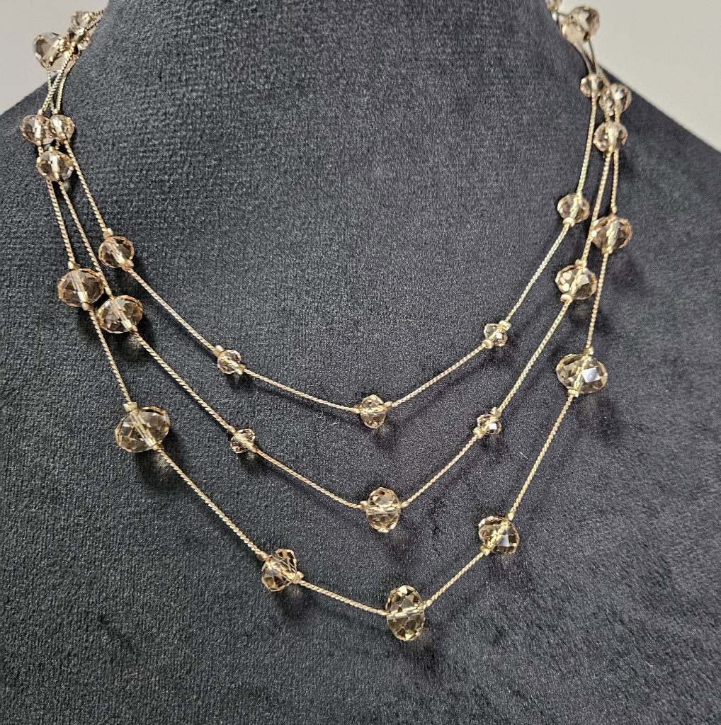 Gold Tone Vintage 16 3Strand Necklace Gold Tone Glass Beads  Lobster Clasp